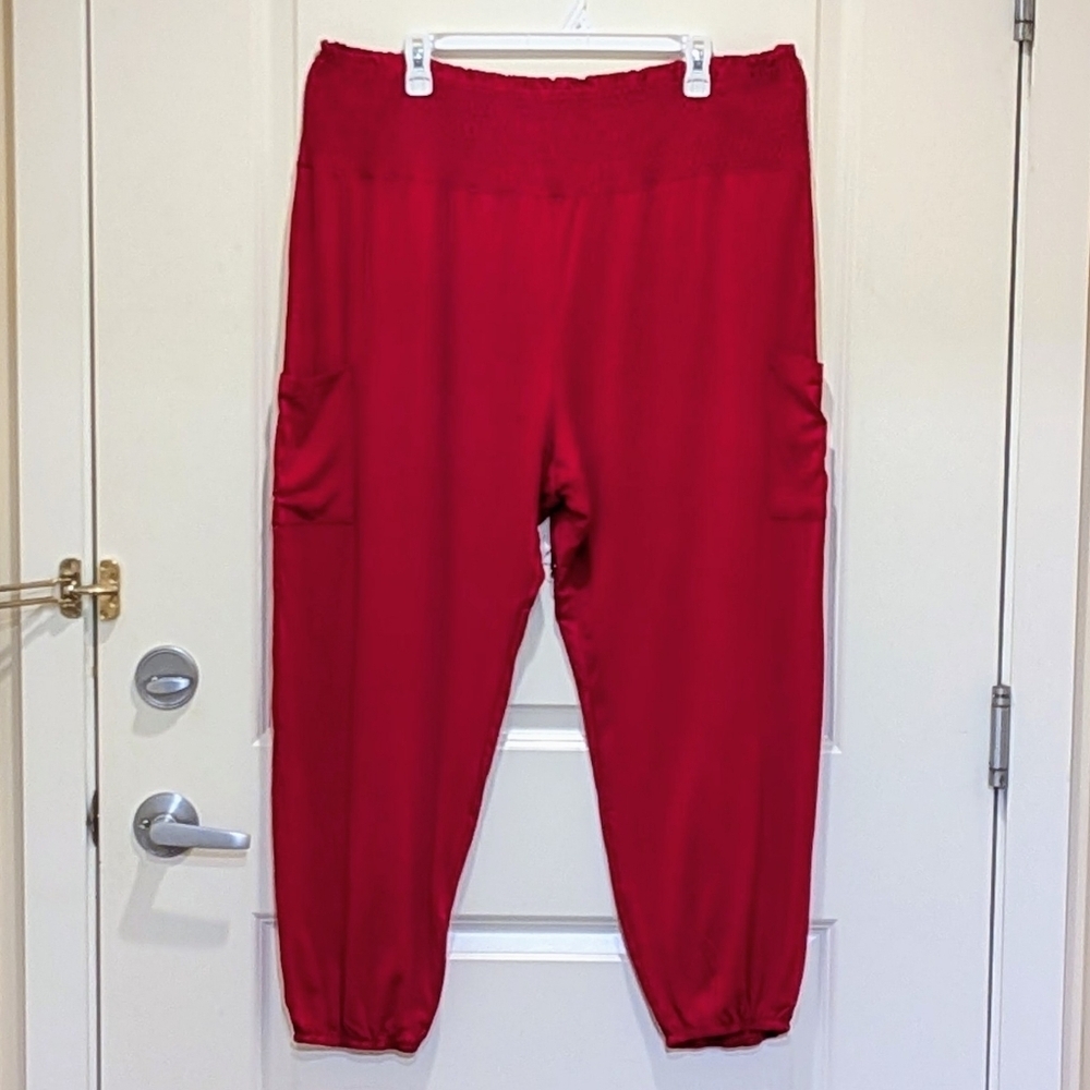 3/$30 EUC QIANXIZHAN 3X Bright Red Rayon Blend Side Pocket Harem Pants